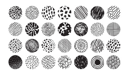Hand drawn circles doodle texture. Round trendy abstract set black shapes with lines, circles, drops. Hand drawn organic doodle shapes.