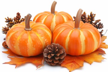 Fresh pumpkins with pine cones and leaves, highlighting a vibrant, festive display in a bright, natural setting perfect for the fall season