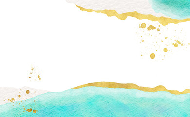 Frame for background with abstract emerald blue gradient watercolor waves and gold ribbons and stains.