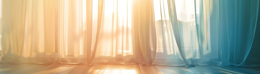 a bright room with a white curtain and wood floor, illuminated by sunlight streaming through a window