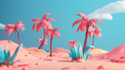 Pink tropical beach with palms and blue background, style 3D, studio set.