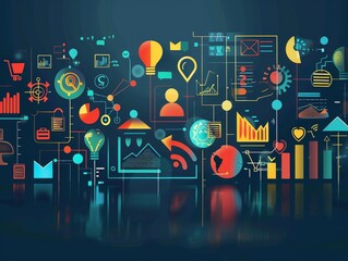 Abstract Digital Data Visualization with Colorful Infographics and Icons Representing Technology, Business, and Analytics Concepts