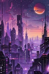 Fototapeta premium Futuristic Cityscape at Night with Purple Lights and Illuminated Buildings in Background for Travel and Business Concepts