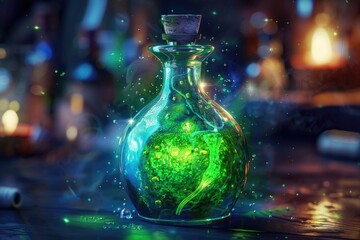 A clear glass bottle filled with a vibrant green liquid