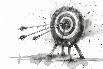 A black and white drawing of a target with three arrows aiming at the center