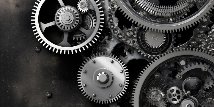 Abstract background with gear and watch parts, black and silver color scheme, metallic texture, detailed closeup of the mechanical elements