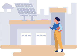 Girl looking at solar panel plate in industry.