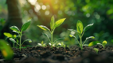 Seedlings of new green plants that grow in fertile soil. Agriculture, plantation, new growth, regeneration, greening the environment