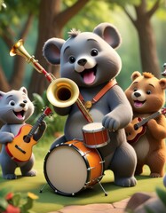 Three cute bears play musical instruments in a forest, creating a joyful and lively scene. This charming illustration is perfect for children's content and playful themes.. AI Generation