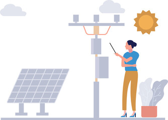 The girl is pointing at the electricity tower.