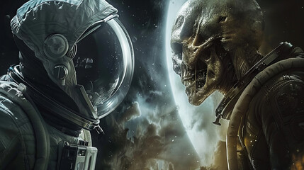 Alien grey and astronaut face to face in space