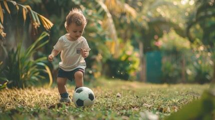 A young boy kicks a soccer ball in a lush green garden