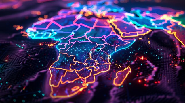 Futuristic neon map africa networks connectivity systems digital data global technology communication