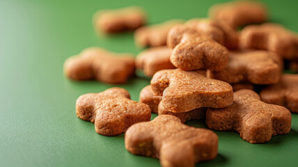 Bone-shaped dog biscuits on a green background.