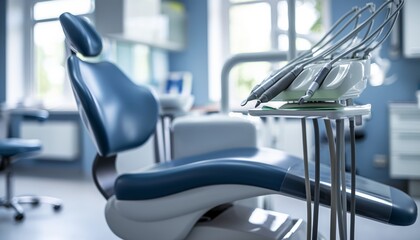 Modern dental office with a comfortable chair and professional equipment, ready for patients. Bright and clean environment.