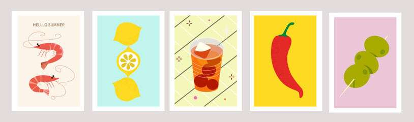 Summer vibe illustration. Minimal abstract poster set. Spawns, cocktails, fishes,red paper,olives Vector 
 bright summer vacation illustrations.