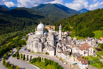 Scenic aerial view of Italian hamlet of Re in Vigezzo valley in Alpine highlands in summer...