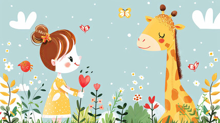 Cute Cartoon Girl and Giraffe 