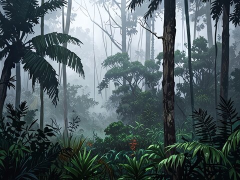 illustration of foggy rainy tropical forest