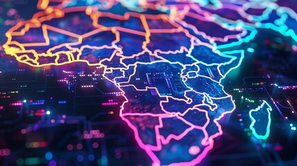 Neon digital map of Africa with glowing country borders and cyber data grid, highlighting innovation, technology, and connectivity
