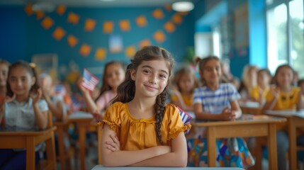 Fototapeta premium Confident Young Girl in a Classroom of Students