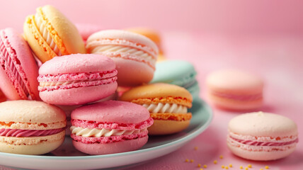 Colorful macarons arranged on a plate against a pastel background.