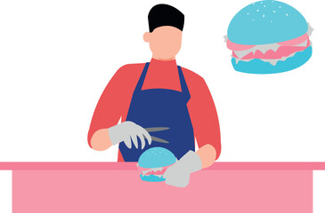 The boy is cutting a burger.