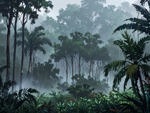 illustration of foggy rainy tropical forest
