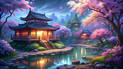 Fototapeta premium A serene Japanese garden in spring, featuring cherry blossom trees in full bloom
