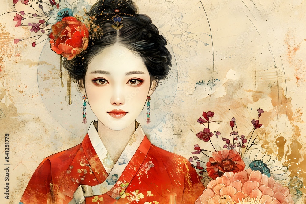 Poster a beautiful korean woman in traditional dress