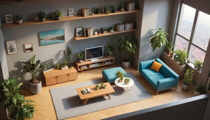 A cozy living room featuring modern decor, green plants, and a large window with a city view. The warm and inviting space is perfect for home decor, interior design, and lifestyle concepts.. AI