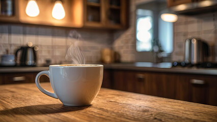 Obraz premium Wooden table top with hot cup of coffee or tea on blurred kitchen, restaurant or bar interior background with copy space.