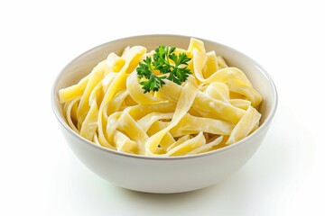 Fettuccine Alfredo pasta in a bowl isolated on white cinematic background, photography