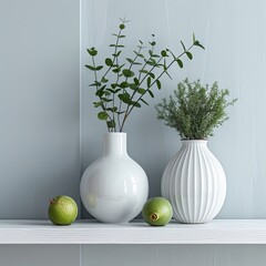 White vases with eucalyptus and rosemary on a shelf