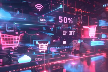 An abstract background with digital shopping carts, product icons, and 50% off text. Generative AI