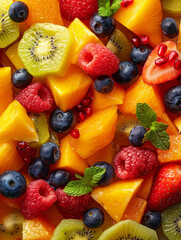 Obraz premium Assorted fresh tropical fruits include kiwi, mango, berries, and more.