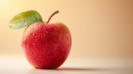 A single red apple with a leaf and water droplets.