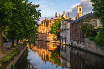 Scenery of the Dijver Canal in the historic center of Bruges, Belgium