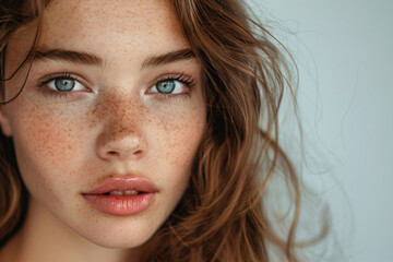 Fototapeta premium a woman with freckles on her face and a blue background
