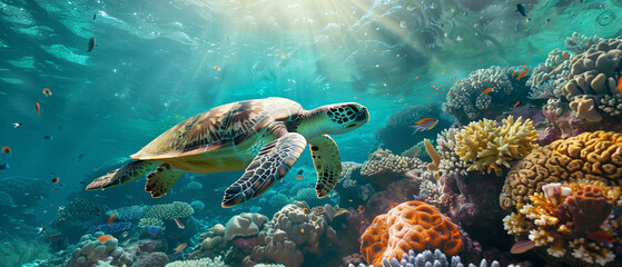 Fototapeta premium Sea turtle swimming in the under sea ocean