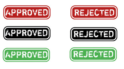 Approved and rejected stamps of 3 different colours isolated on white background , set of icons approved and rejected stamps of various colours.