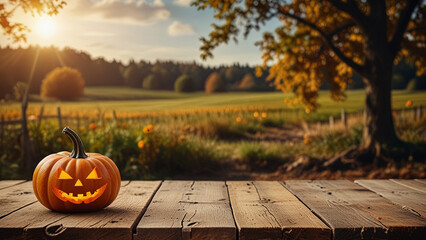 Wooden surface with Halloween pumpkin on blurred rustic countryside seasonal autumn background. Banner with copy space. Template showcase scene for display, montage, advertising product.