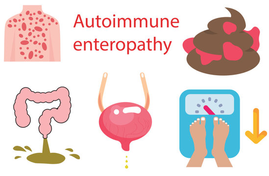 Autoimmune enteropathy, Diarrhea,gut lining, weight loss,Decreased urine output, malabsorption. blood in the stool,Skin rash,Crohn's disease, celiac disease, and ulcerative colitis,pain