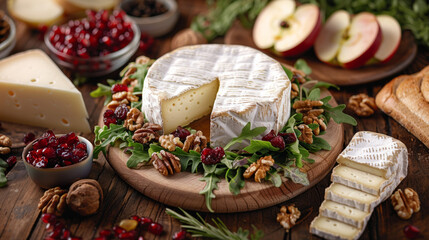 soft Brie, Camembert, Reblochon cheese combined with arugula, apple slices, walnuts and dried cranberries on a rustic wooden table creates a warm and cozy atmosphere.