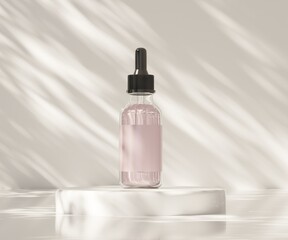 Cosmetic tonic and serum in blank packages on a background of white wall with palm leaves shadows....