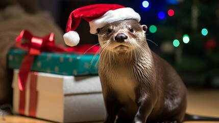 A river otter stands in a Christmas-decorated living room wearing a Santa hat.