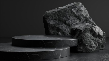 Dark minimalist display podium with rock texture, perfect for product presentation or modern design aesthetics.