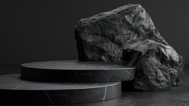 Dark minimalist display podium with rock texture, perfect for product presentation or modern design aesthetics.