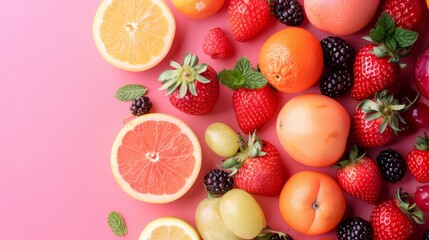 Summer fruits on pastel coral background, vibrant colors, studio lighting, refreshing,