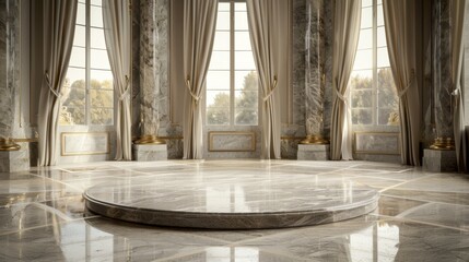 Elegant, sunlit marble hall with luxurious curtains and tall windows creating a sophisticated and opulent ambiance.